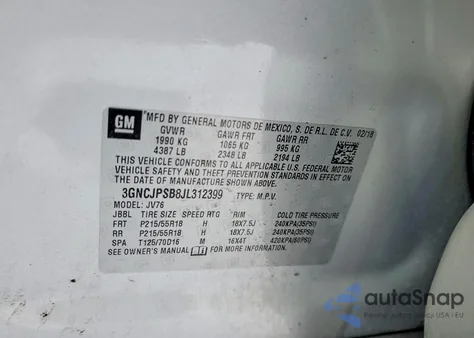 2018 Chevrolet Trax 1Lt from USA, damaged, VIN 3GNCJPSB8JL312399